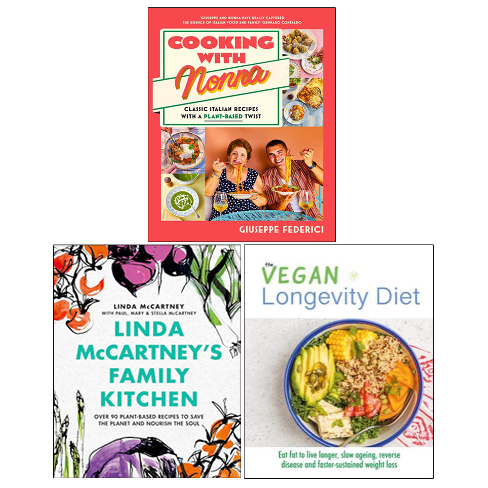 Cooking with Nonna(HB), Linda McCartney's Family Kitchen(HB), The Vegan Longevity Diet 3 Books Collection Set