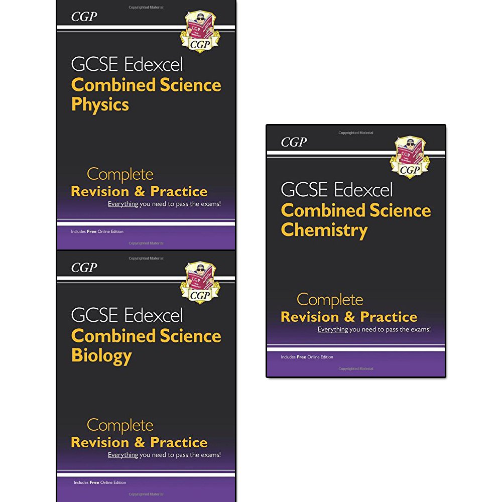 cgp gcse combined science 9-1 revision collection 3 books set (physics edexcel complete revision and practice with online edn, biology, chemistry)