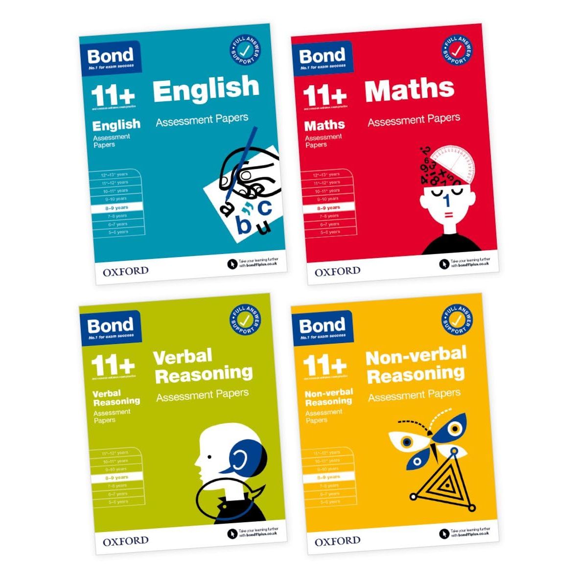 Bond 11+ Assessment Papers 8-9 years Bundle: English, Maths, Non-verbal Reasoning, Verbal Reasoning (for GL Assessment and other 11 plus exams)