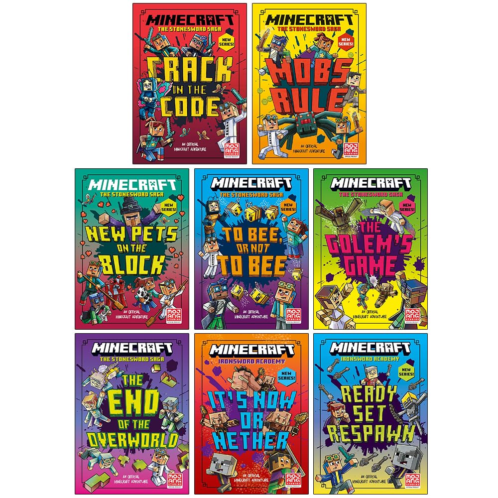Minecraft Stonesword Saga and Ironsword Academy 8 Books Collection Set By Mojang AB (Crack in the Code, Mobs Rule, New Pets on the Block, To Bee or Not to Bee, It's Now or Nether and More)