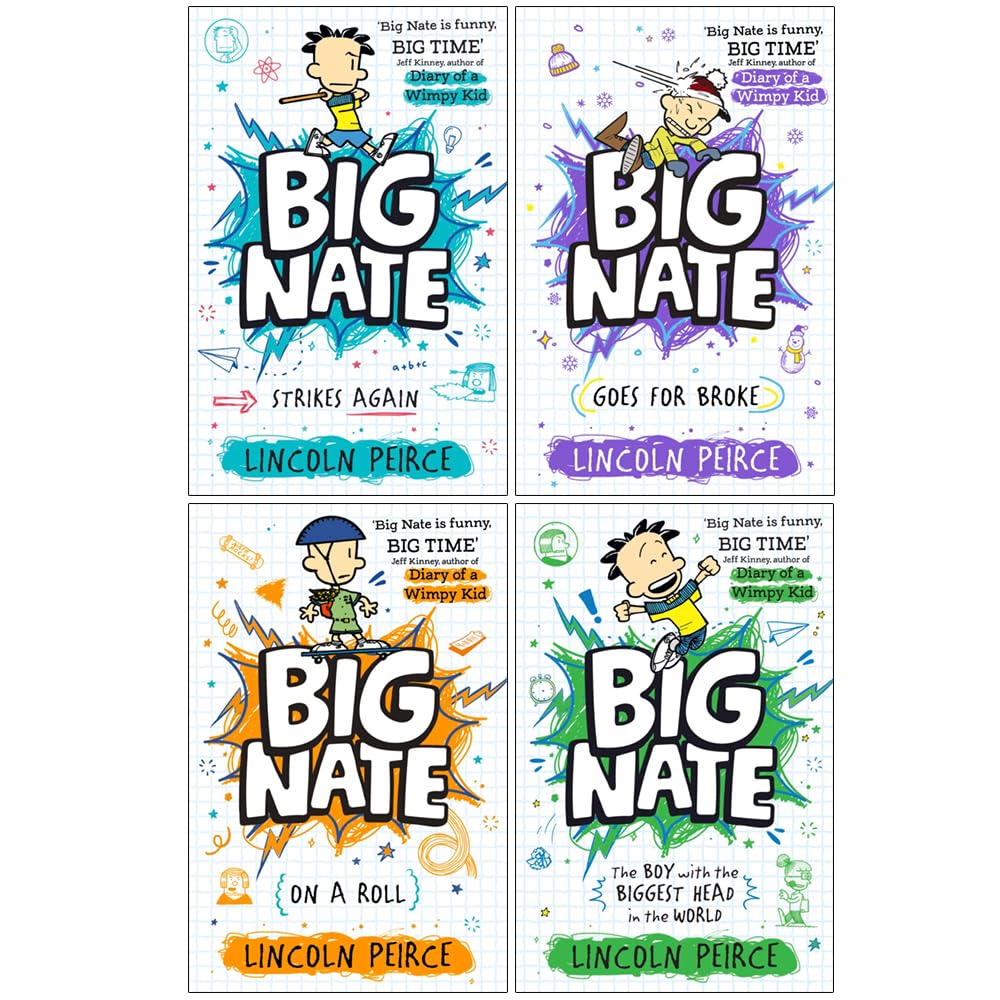 Big Nate Series 4 Books Collection Set By Lincoln Peirce (Strikes Again, Goes for Broke, on a Roll and The Boy with the Biggest Head in the World)