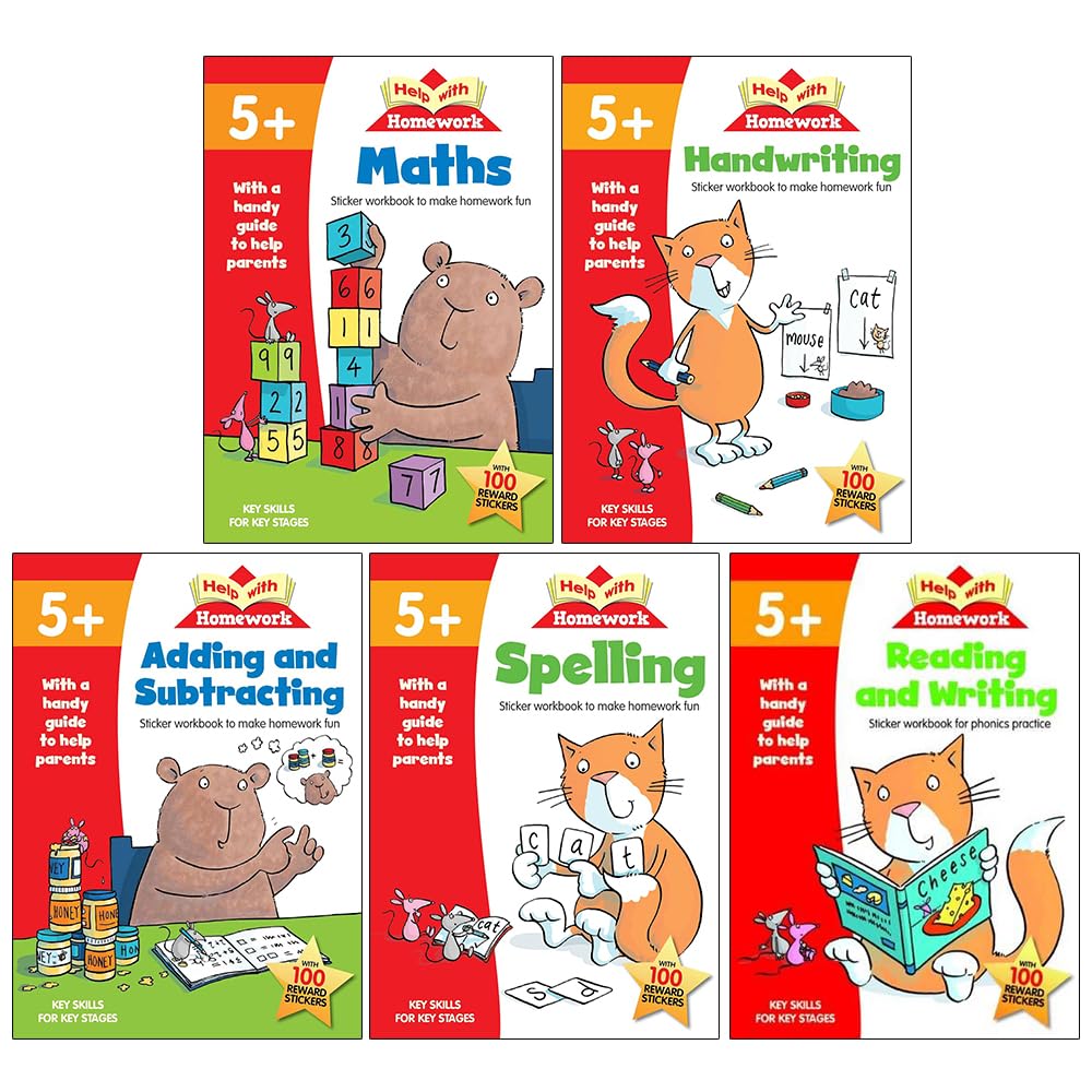 Age 5+ Key Skills Help With Homework 5 Books Collection Set with Stickers (Maths, Handwriting, Adding & Subtracting, Spelling, Reading & Writing)