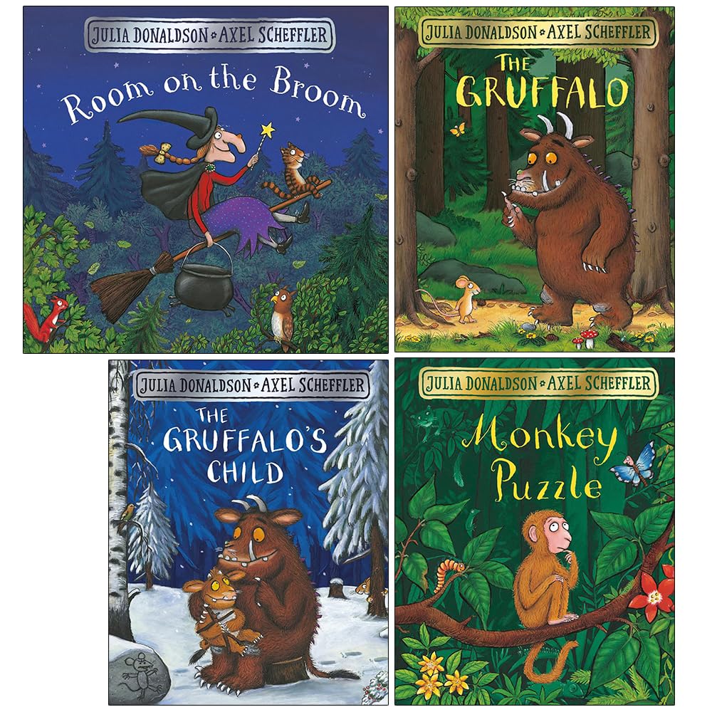 Julia Donaldson Collection 4 Books Set (Room on the Broom, The Gruffalo, The Gruffalo's Child and Monkey Puzzle)