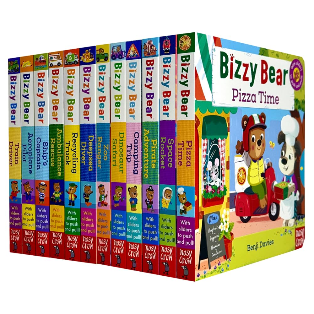 Bizzy Bear: Series 1 & 2 Collection 12 Board Books Set by Benji Davies (Train Driver, Aeroplane Pilot, Ship’s Captain, Ambulance Rescue, Recycling Truck, Deep-Sea Diver, Zoo Ranger & More)