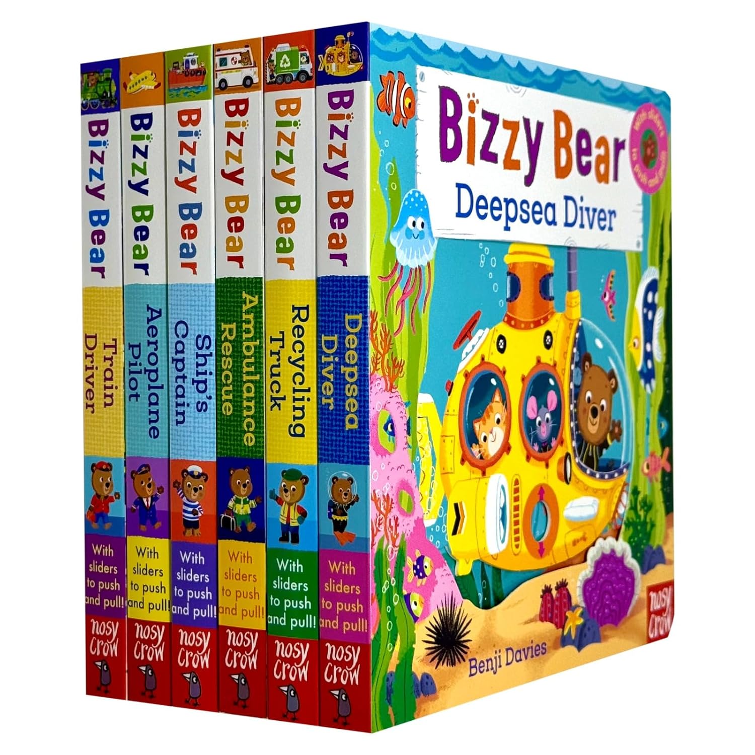 Bizzy Bear: Series 1 Collection 6 Board Books Set by Benji Davies((Train Driver, Aeroplane Pilot, Ship’s Captain, Ambulance Rescue, Recycling Truck & Deep-Sea Diver)