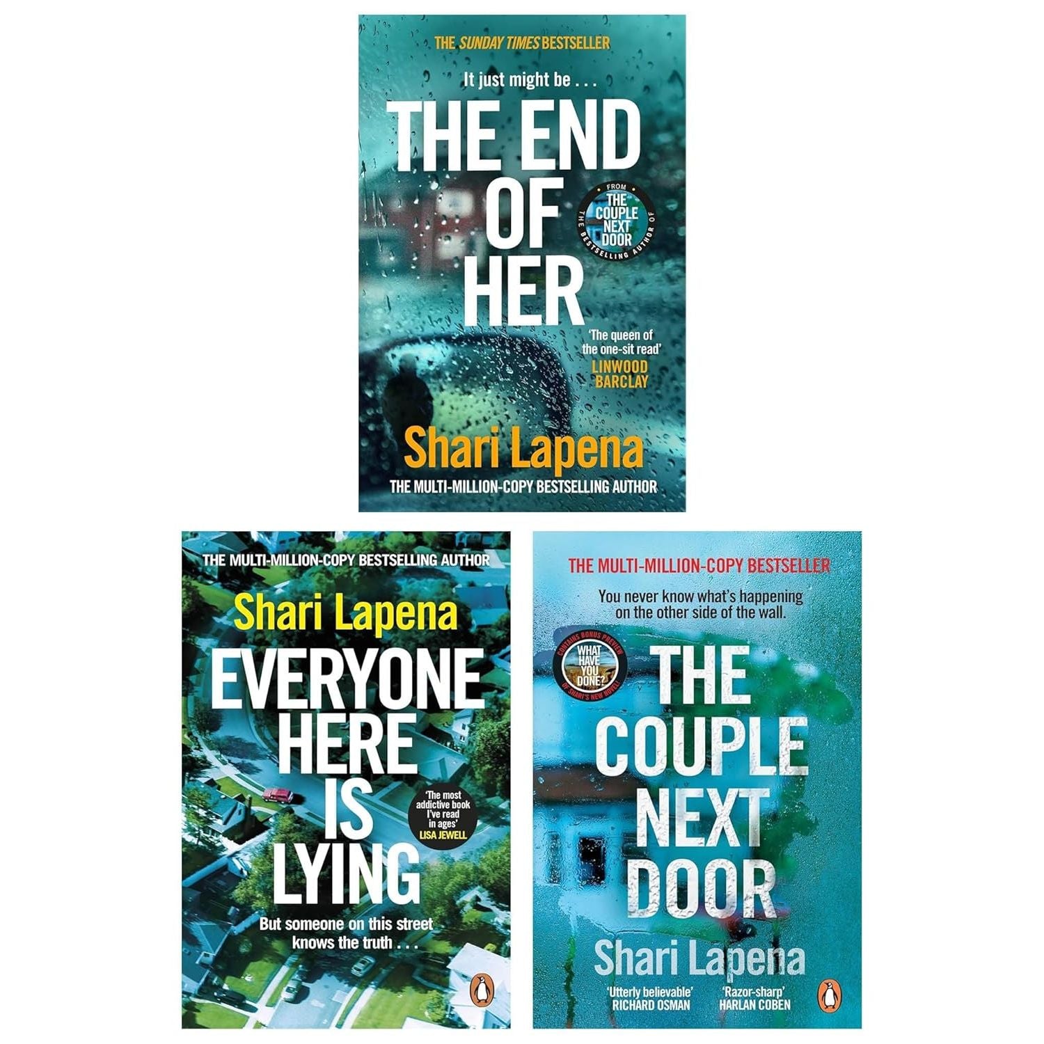 Shari Lapena 3 Books Collection Set (The Couple Next Door, The End of Her and Everyone Here is Lying)