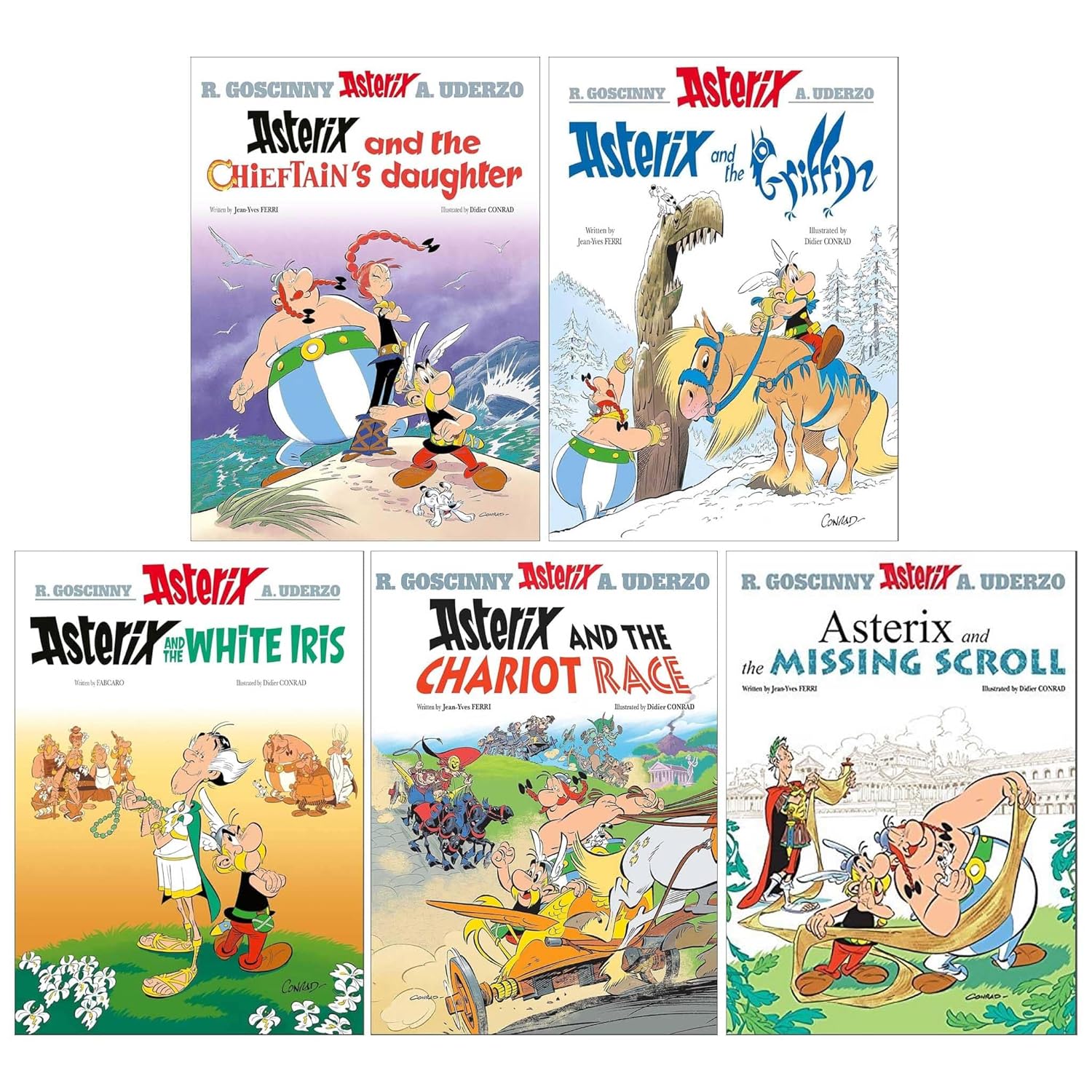 Asterix Series 8 by Jean Yves Ferri & Fabcaro 5 Books Collection Set (Book 36-40) sterix and Missing Scroll, Asterix and Chariot Race