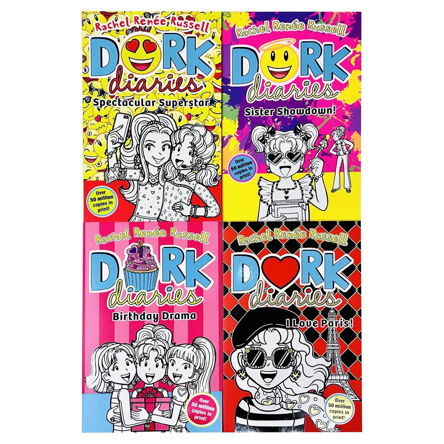 Dork Diaries Collection 4 Books Set (Volume 13-16) By Rachel Renee Russell (Sister Showdown, Birthday Drama!, Spectacular Superstar and I Love Paris!)