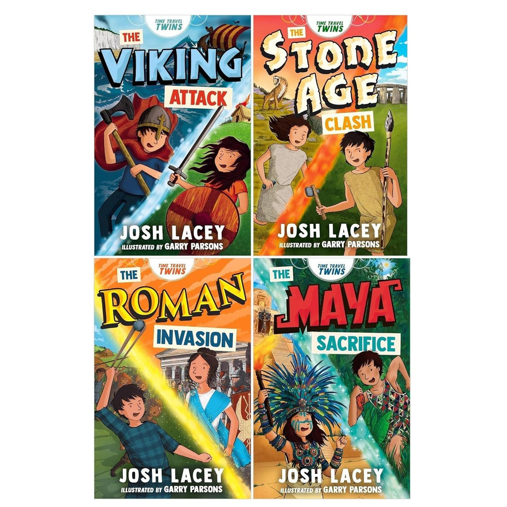 Time Travel Twins Series 4 Books Collection Set by Josh Lacey (Viking Attack, Stone Age Clash, Roman Invasion, Maya Sacrifice)