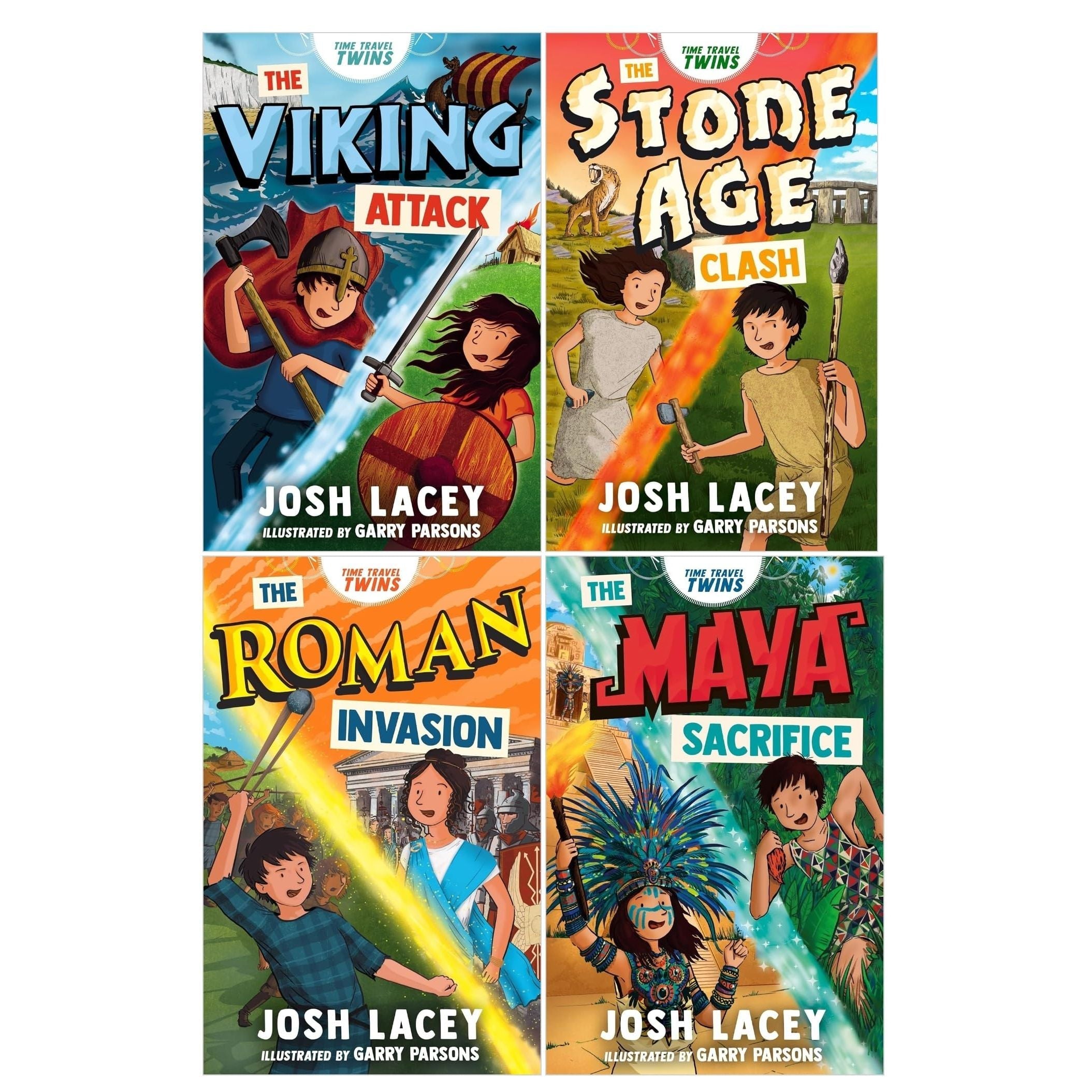 Time Travel Twins Series 4 Books Set by Josh Lacey (Viking Attack, Stone Age Clash, Roman Invasion, Maya Sacrifice)