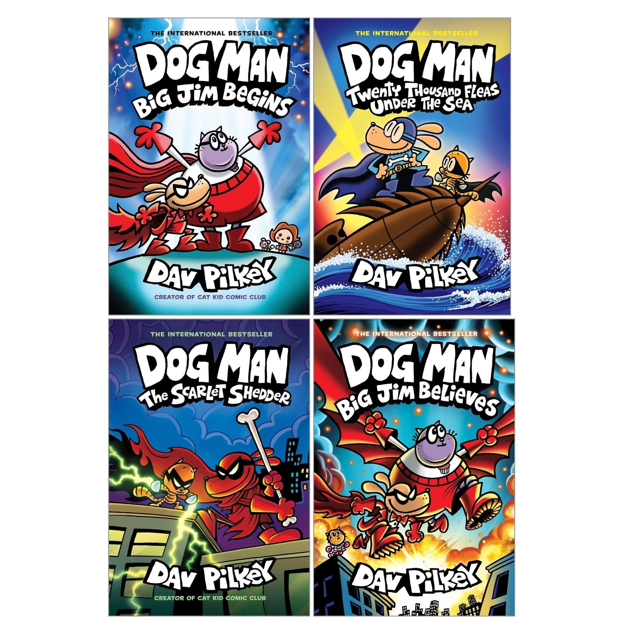 Dog Man Series 11-14 Collection 4 Books Set By Dav Pilkey (Twenty Thousand Fleas Under the Sea, The Scarlet Shedder, Big Jim Begins, Big Jim Believes)