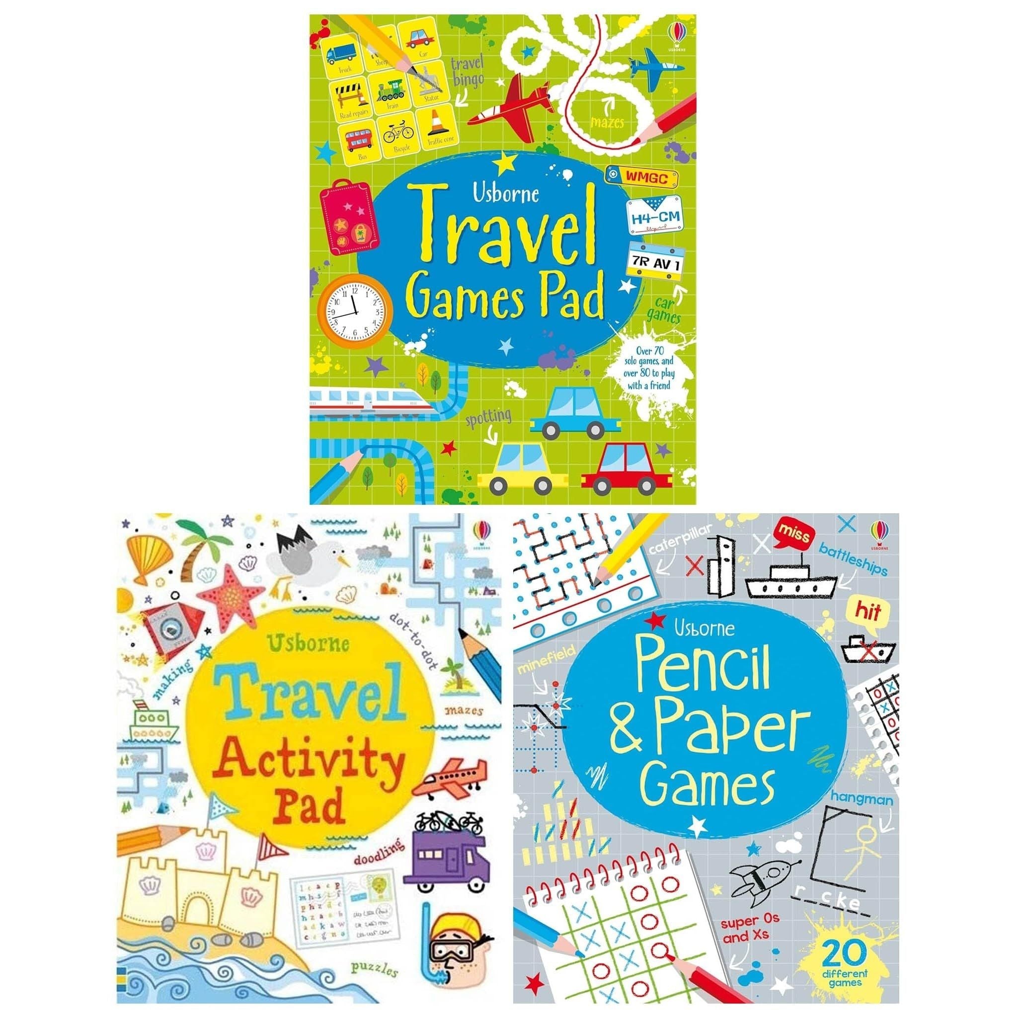 Usborne Travel Activity and Games Tear-Off Pads 3 Books Collection Set (Travel Activity Pad, Pencil And Paper Games and Travel Games Pad)