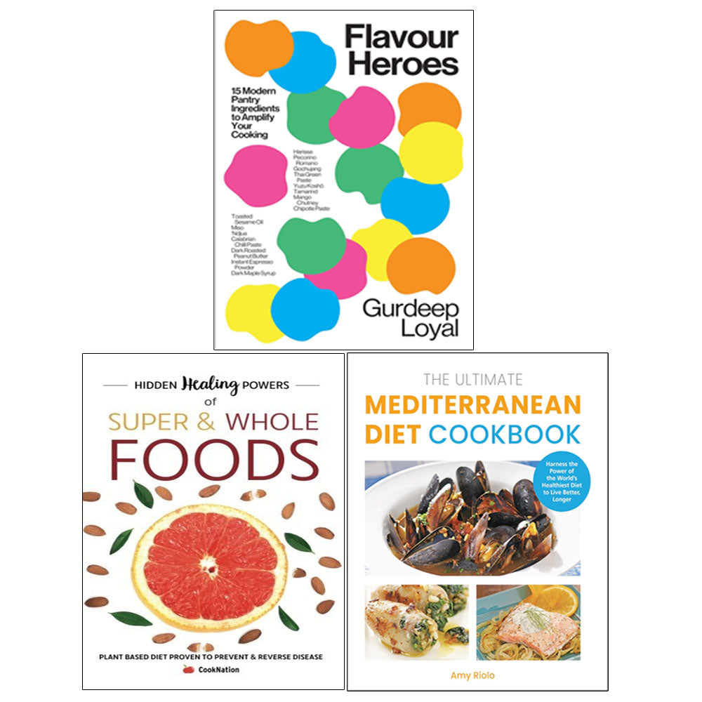 Flavour Heroes(HB), The Ultimate Mediterranean Diet Cookbook, Hidden Healing Powers Of Super & Whole Foods 3 Books Collection Set