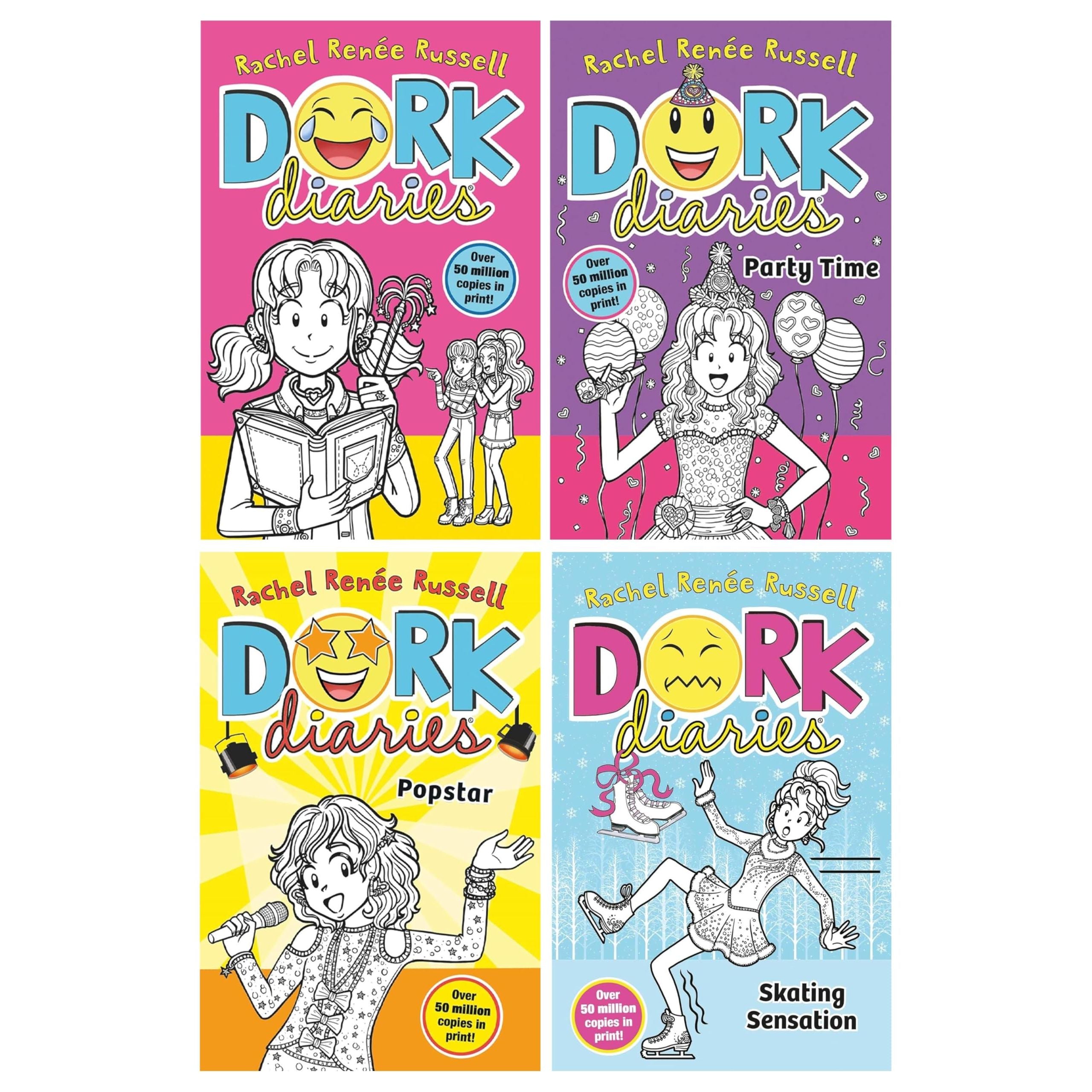 Dork Diaries Series (Book 1-4) By Rachel Renee Russell 4 Books Collection Set (Dork Diaries, Dork Diaries: Party Time, Dork Diaries: Pop Star and Dork Diaries: Skating Sensation)