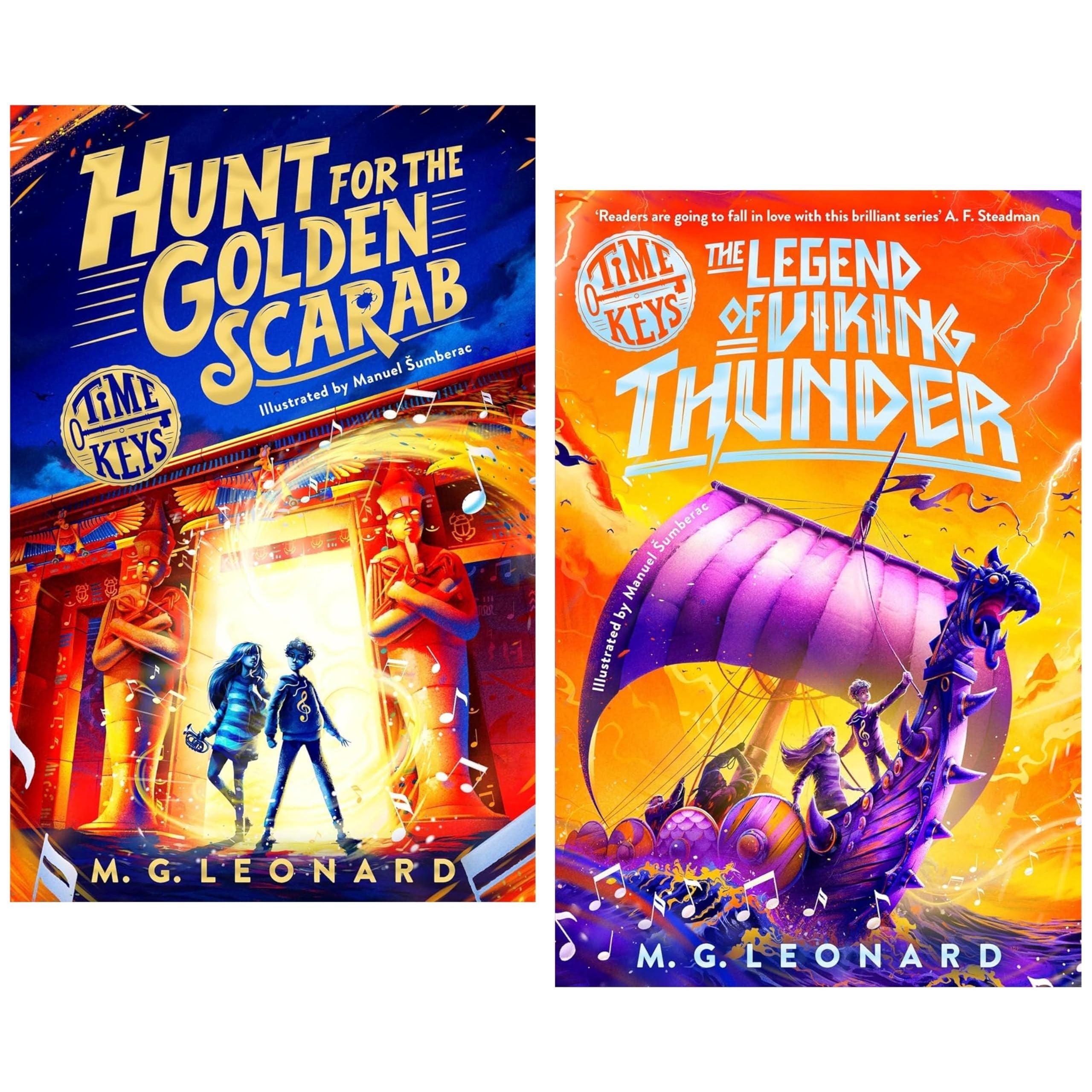 Time Keys Series by M. G. Leonard Illustrated 2 Books Collection Set (Hunt for the Golden Scarab & The Legend of Viking Thunder)