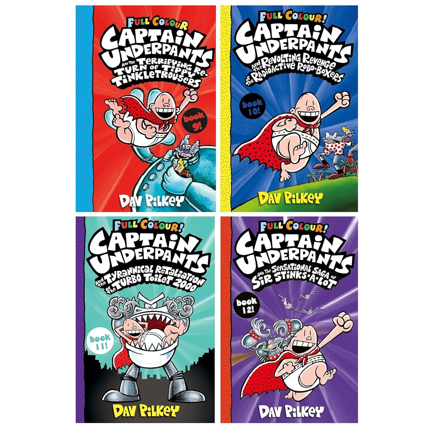 Captain Underpants Full Colour Series (Book 9-12) Collection by Dav Pilkey 4 Books Set (Terrifying Return of Tippy Tinkletrousers)