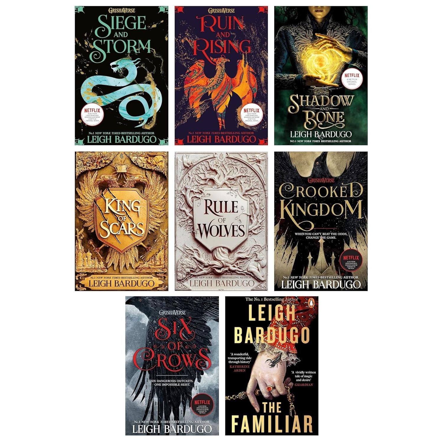 Leigh Bardugo 8 Books Collection Set (The Familiar, Shadow And Bone series, King of Scars duology, Six of Crows series)