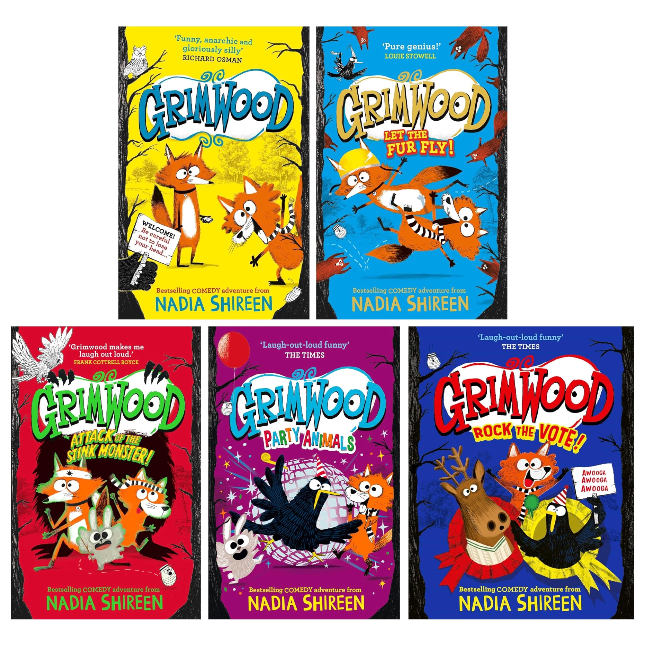 Grimwood Series by Nadia Shireen 5 Books Collection Set (Rock the Vote! [], Party Animals, Attack of the Stink Monster, Let the Fur Fly! and Grimwood)