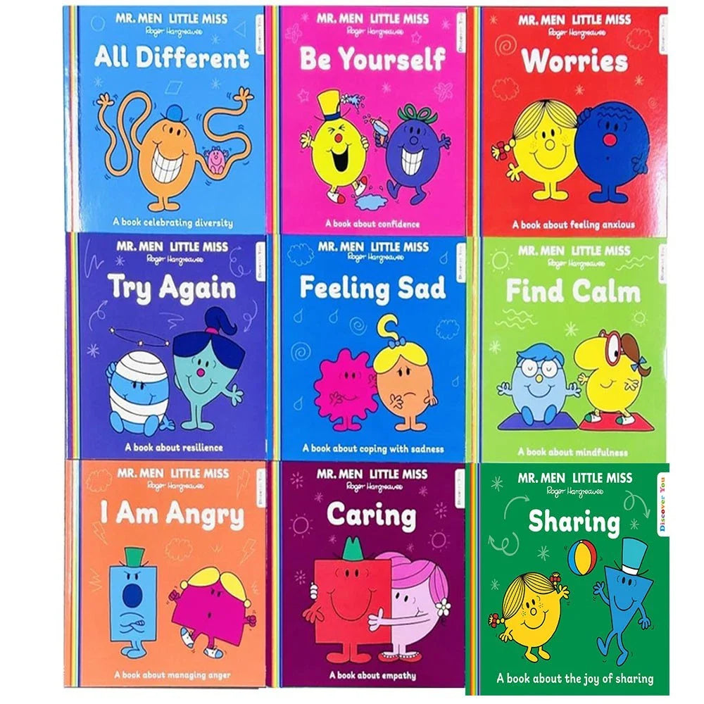Mr Men and Little Miss Discover You 9 Books Collection Set By Roger Hargreaves(All Different ,I Am Angry, Sharing, Feeling Sad, Worries ,Find Calm ,Caring ,Try Again & Be Yourself)