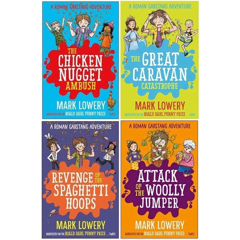 Roman Garstang Disasters Series 4 Books Collection Set by Mark Lowery(The Chicken Nugget ,Ambush Attack of the Woolly Jumper, The Great Caravan Catastrophe & Revenge of the Spaghetti Hoops)