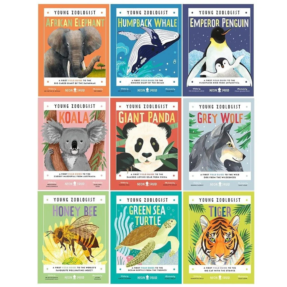 Young Zoologist Series 9 Books Collection Set by Neon Squid (Humpback Whale, Emperor Penguin, African Elephant, Giant Panda, Koala, Honey Bee, Gray Wolf, Green Sea Turtle, Tiger)
