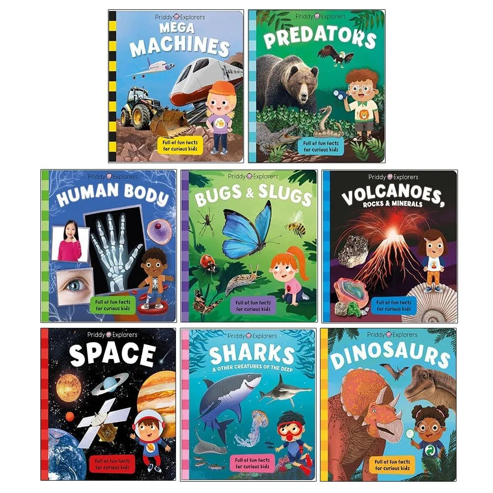 Priddy Explorers Series 8 Books Collection Set by Priddy Books, Roger Priddy (Space, Sharks, Dinosaurs, Human Body, Bugs and Slugs, Volcanoes Rocks and Minerals, Mega Machines, Predators)