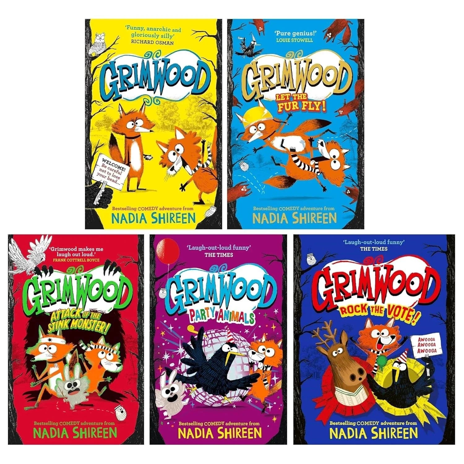 Grimwood Series by Nadia Shireen 5 Books Collection Set(Grimwood, Let the Fur Fly!, Attack of the Stink Monster, Party Animals & Rock the Vote! ())