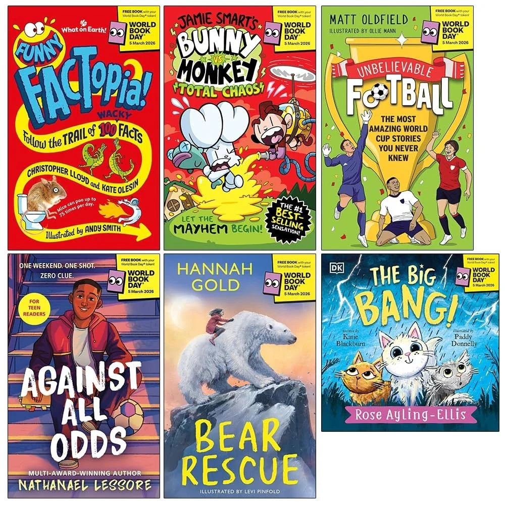 World Book Day 2026 Collection 6 Books Set(Bunny vs Monkey,Funny FACTopia!,Unbelievable Football,Against All Odds,Bear Rescue & The Big Bang!)