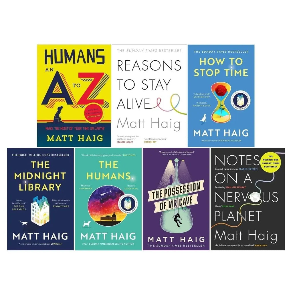 Matt Haig Collection 7 Books Set Time(The Humans ,How to Stop Time ,The Midnight Library ,The Possession of Mr Cave ,Notes on a Nervous Planet ,Reasons to Stay Alive & Humans: An A-Z)